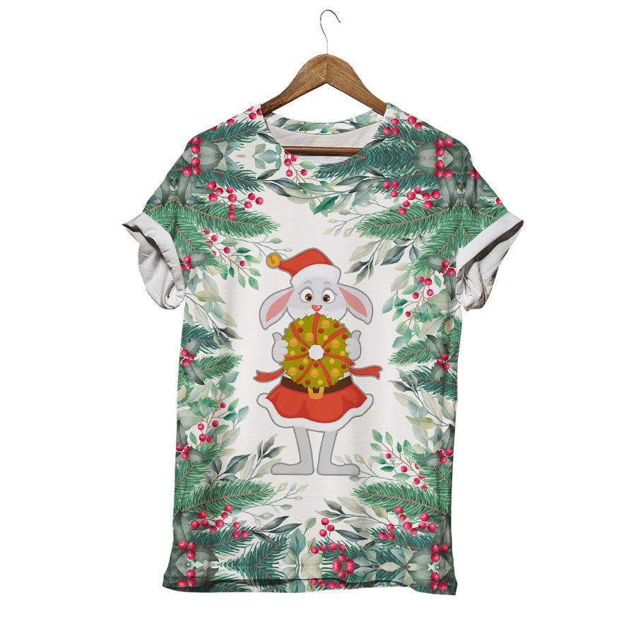 Christmas Female Bunny In Christmas Hat And Skirt Holds Cake Rabbit T-shirt