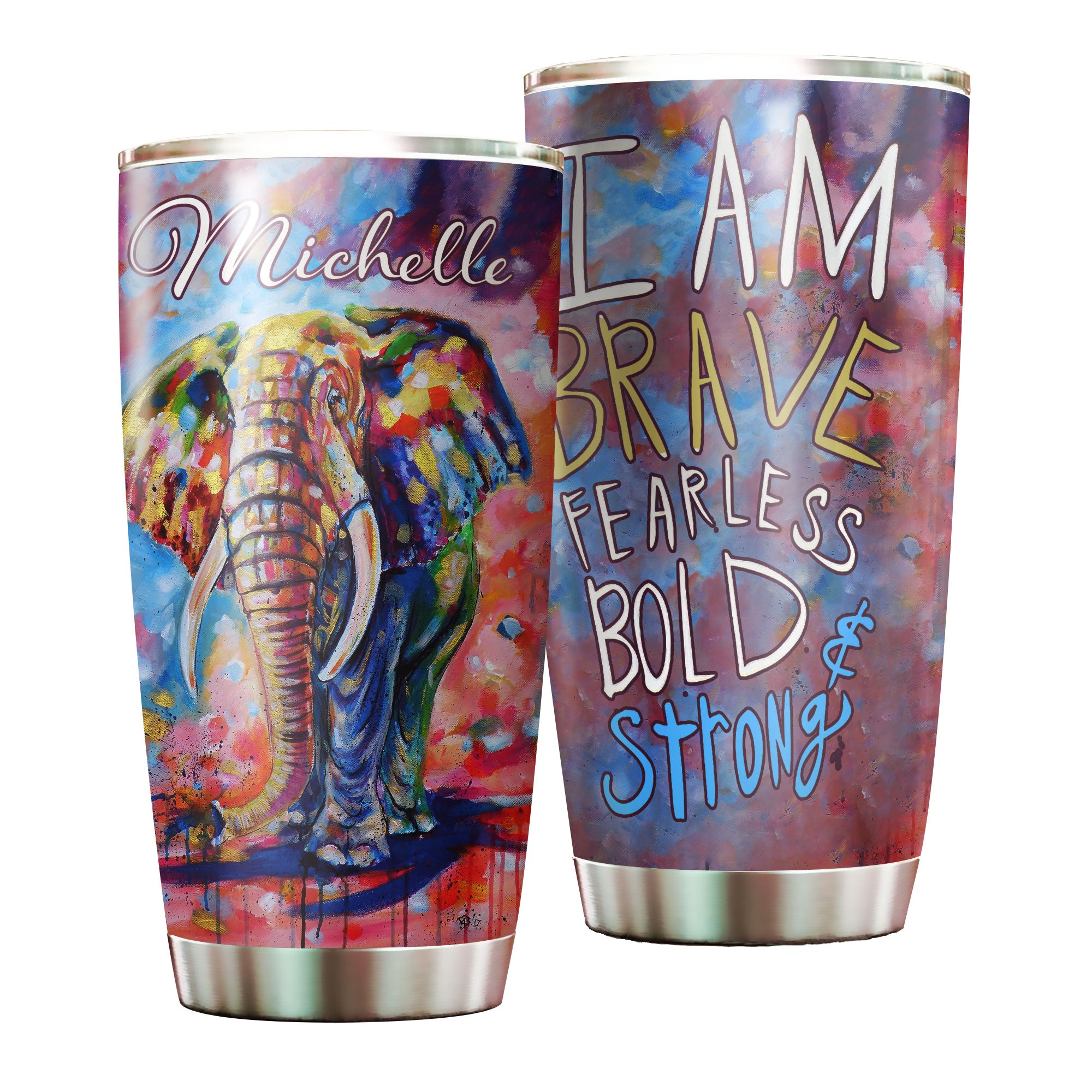 Personalized Watercolor Elephant I Am Brave Fearless Stainless Steel Tumbler – Double-Walled Insulation Travel Thermal Cup With Lid Gift For Hippie Hipster