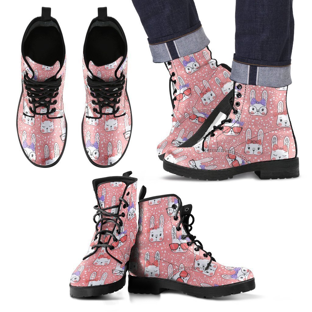 Cute Bunny Rabbit Pattern Print Men Women Leather Boots Fashion Boots Custom Shoes