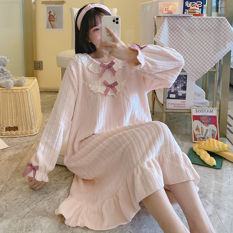 Bow Lace Sweet Nightgowns Women High Quality Coral Velvet A-line Nightdress Female Simple Warm Midi Cozy Ruffle Sleepwear Lounge alx