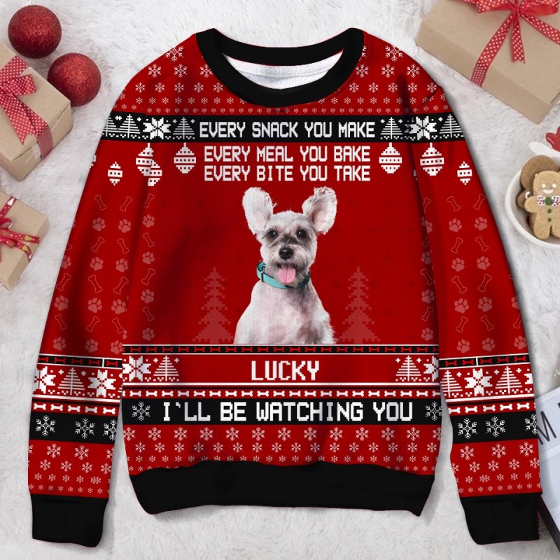 Dog Every Bite You Take I’Ll Be Watching Human Photo Red Christmas Personalized Funny Ugly Christmas Sweater, Gift For Dog Lover