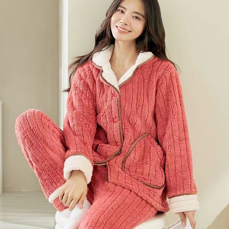 Women Winter Pajama Set Women Coral Fleece Thick Warm Flannel Sleepwear 2 Pcs/Lot Long-Sleeved Trousers Homewear alx