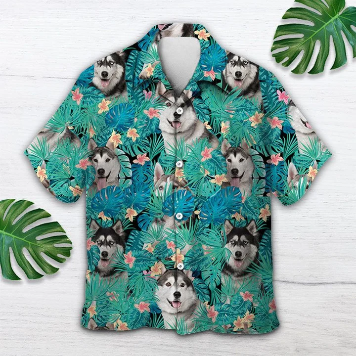 Lovely Siberian Husky In Tropical Palm Leaves Summer Hawaii Shirt Ha91277