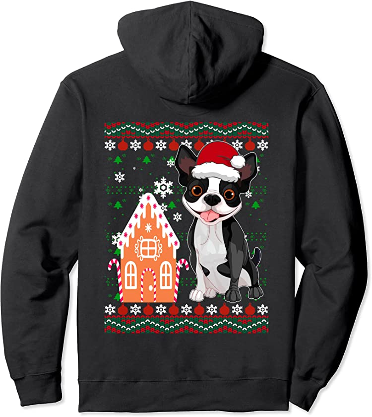 Ugly Christmas Boston Terrier Santa Hat Dog Lover Mom Dad Pullover Hoodie