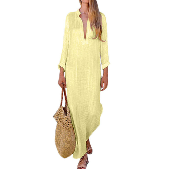 2022 Autumn Women Boho Cotton Linen Maxi Dress Lady Party Evening Loose Sundress Women V-Neck Long Dress Female Clothing Vestido alx