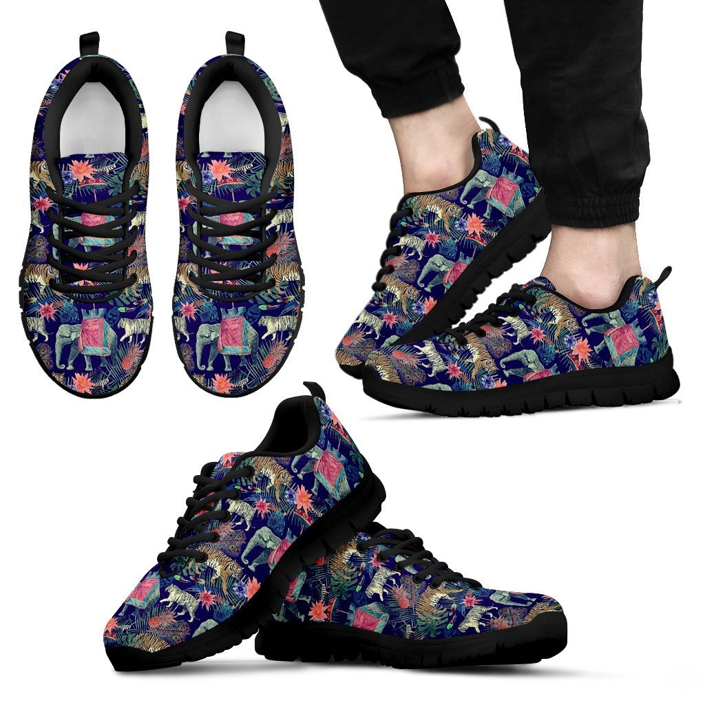 Tropical Palm Leave Peacock Tiger Elephant Black Sneaker Shoes For Men Women