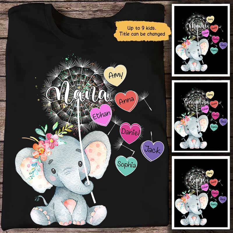 Personalized Grandma Elephant Cute With Grandkids Heart T-Shirt