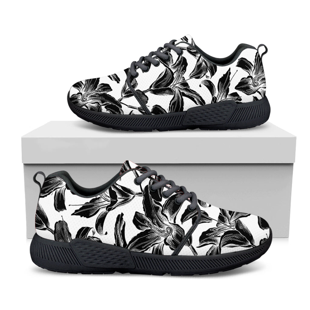 White And Black Lily Pattern Print Black Athletic Shoes