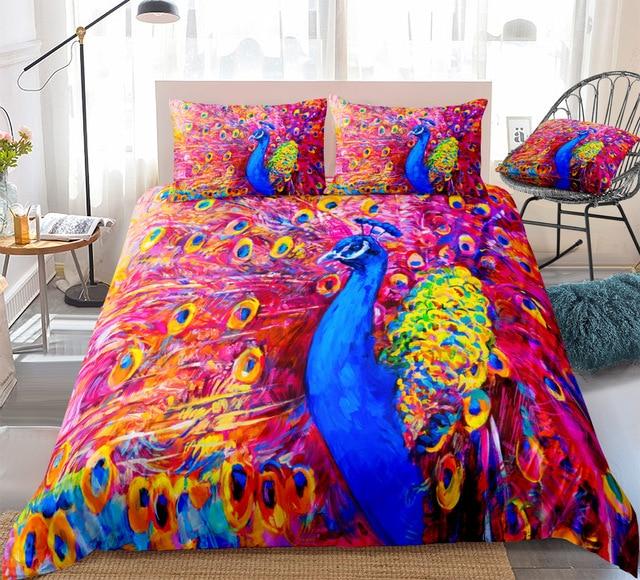 Colorful Peacock 3 Pieces Quilted Comforter Set