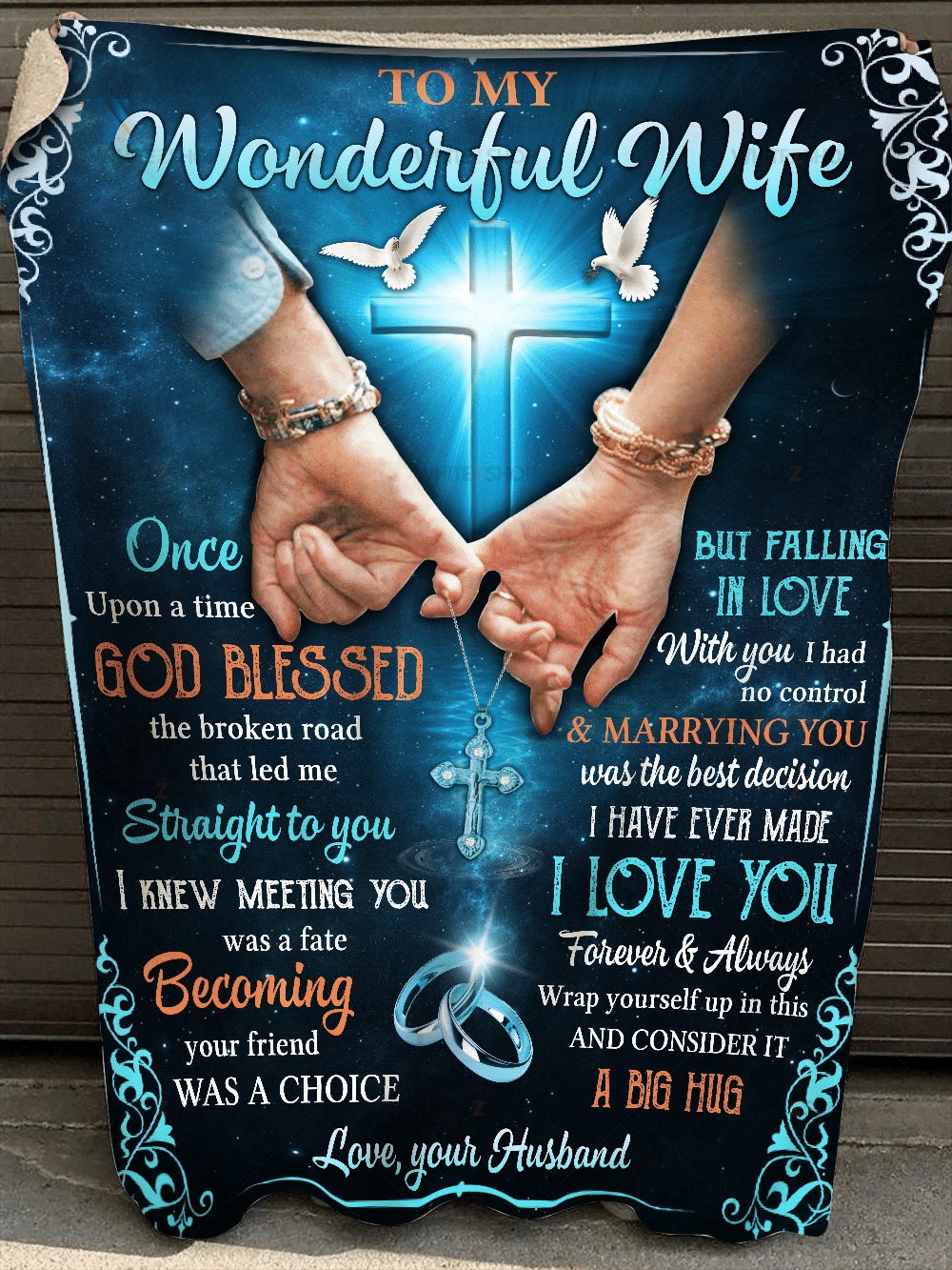 Cross To My Wonderful Wife Sherpa Blanket Once Upon A Time God Blessed The Broken Road That Led Me Straight To You – Valentines Day Gifts – Valentine Gift For Wife – Blanket Valentine For Wife