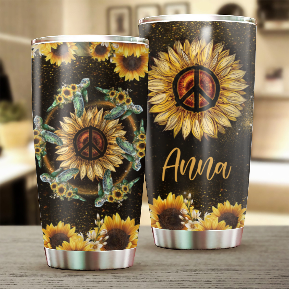 Excoolent Custom Tumbler For Him/Her, Cute Gift With Personalized Name – Turtles With Sunflowers – Stainless Steel Tumbler