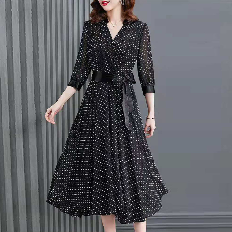 Spring Autumn Vintage Polka Dot Waist Belt Chiffon Dress Women Elegant Fashion Long Sleeve Dresses Ladies Loose Casual Vestidos alx