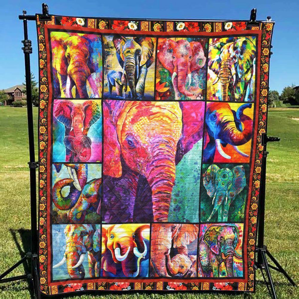 Painting Elephant With Many Color  Quilt Blanket