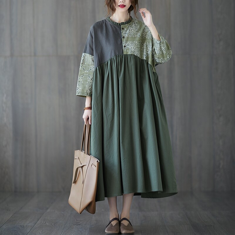 Women Cotton Linen Long Dress New Arrival 2022 Spring Vintage Style Patchwork Print Loose Female Casual Dresses H127 alx