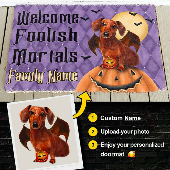 Waybackapparel Welcome Foolish Mortals Halloween Vampire Dog Custom Name Custom Photo 3D Doormat