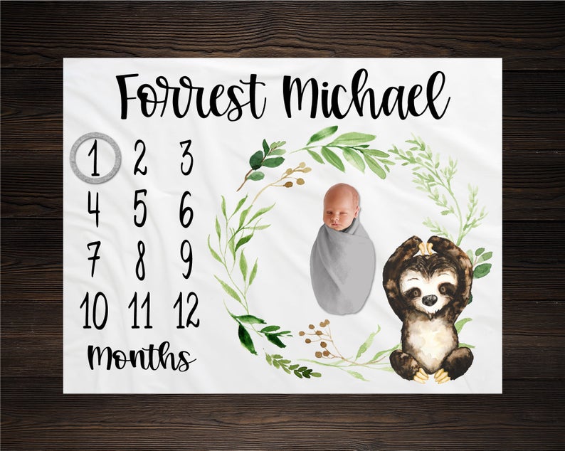 Sloth Milestone Blanket, Monthly Growth Tracker, Personalized Baby Blanket, Custom Blanket, Baby Shower Gift, New Baby Gift, Baby Boy Sloth