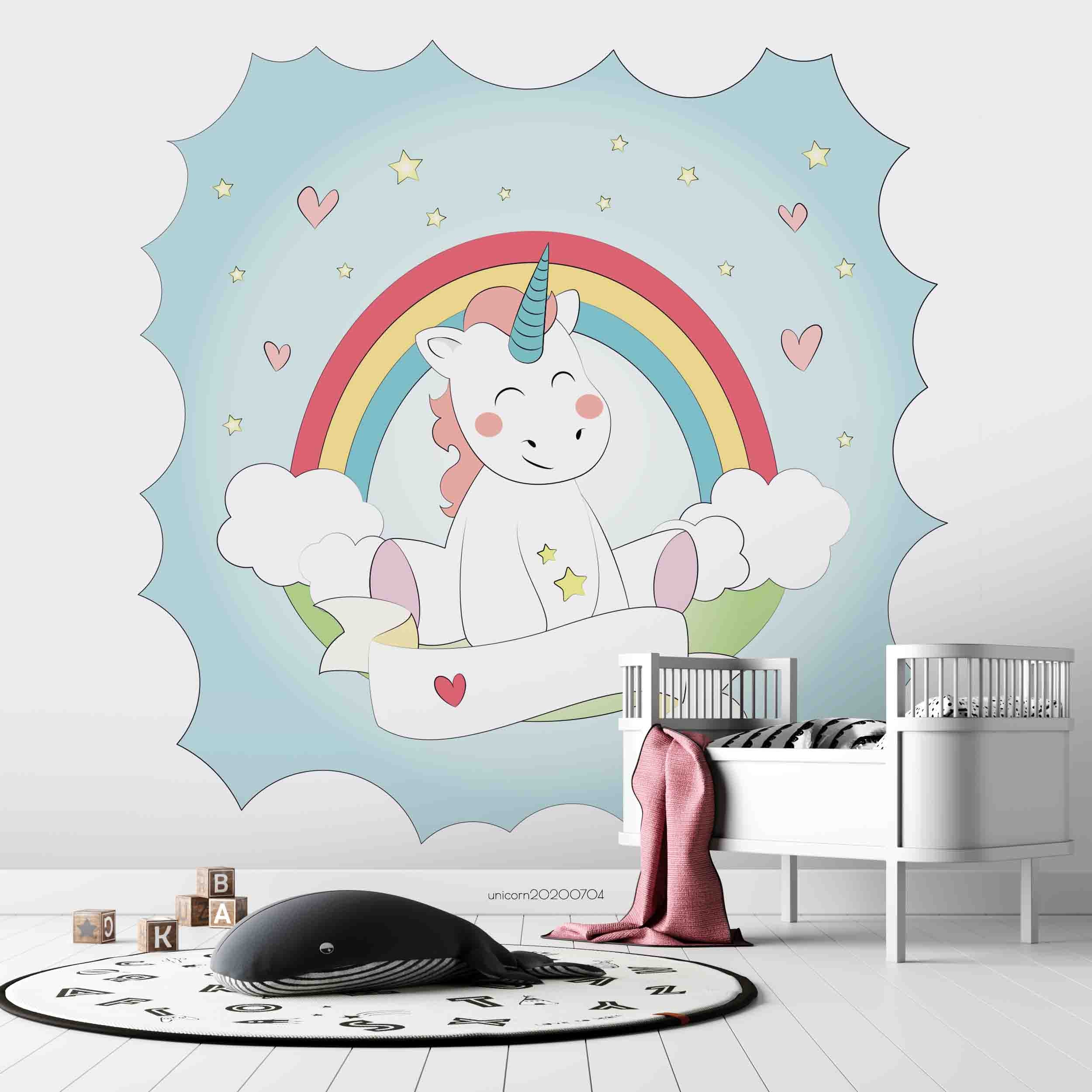 3D Cartoon Rainbow Smiley Unicorn Wall Mural Wallpaper Lxl 207