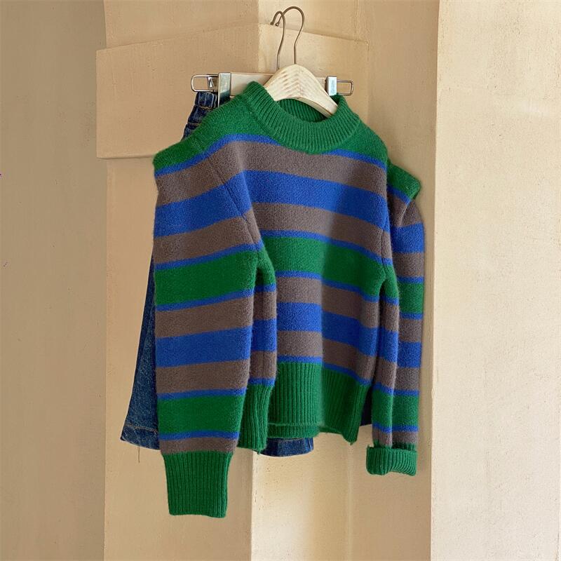 Children’s Wear 2022 Winter New Girls’ Sweater Vintage Pullover Striped Contrast Sweater Top alx