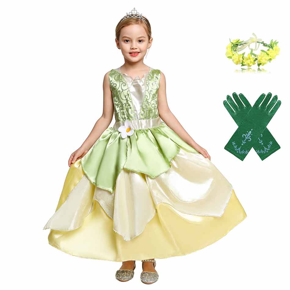 The Princess and the Frog Costume for Girls Fairy Tale Princess Dress Child Fairy Green Floral Ball Gown Cosplay Clothing alx