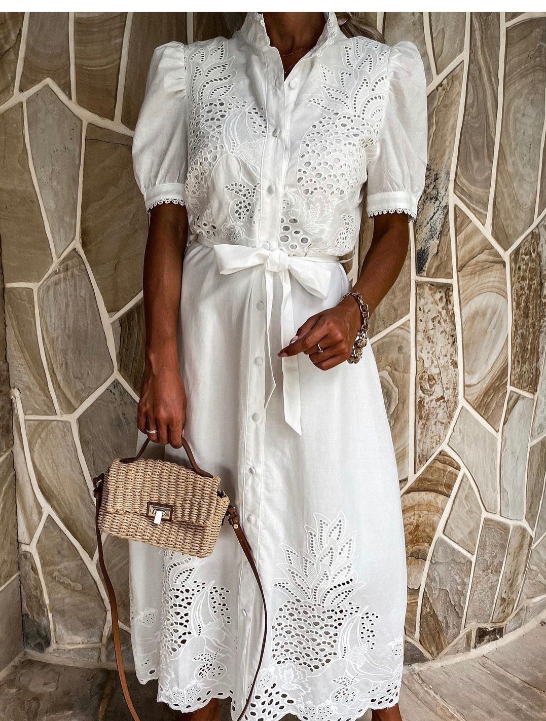 Summer Dress Women Puff Sleeve Hollow Out Shirt Dress Casual Elegant Patchwork Embroidery Lace Long Sundress Lace-Up Belted Robe alx