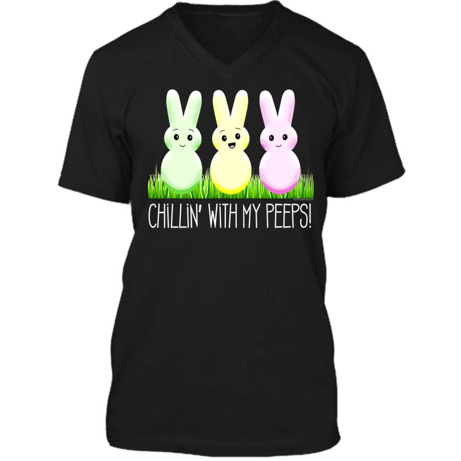 Chillin With My Peeps Cute Easter Bunny T-Shirt Mens Printed V-Neck T