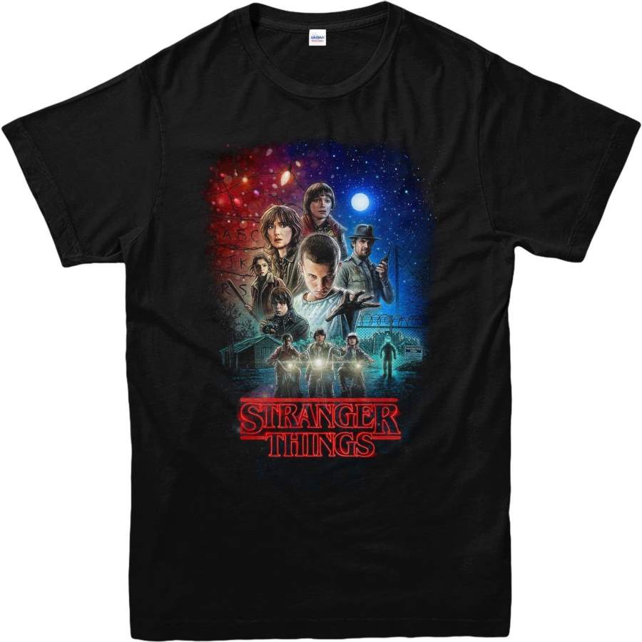 Stranger Things Characters Poster Men Short Sleeve T-Shirt Round Neck Black S-4XL