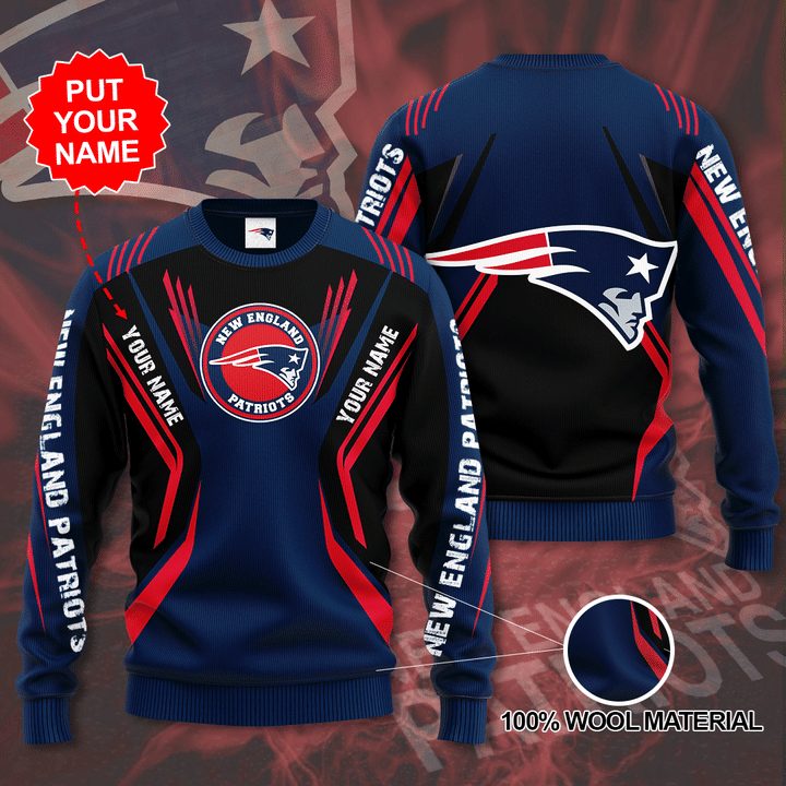 New England Patriots Custom Name Avenger Navy Gift For Fan Ugly Wool Sweater Christmas V2