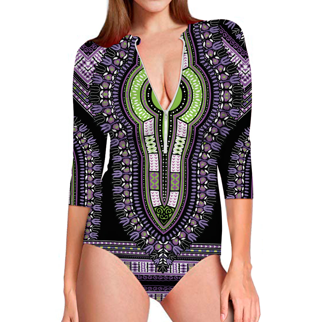 Black And Purple African Dashiki Print Long Sleeve One Piece Swimsuit