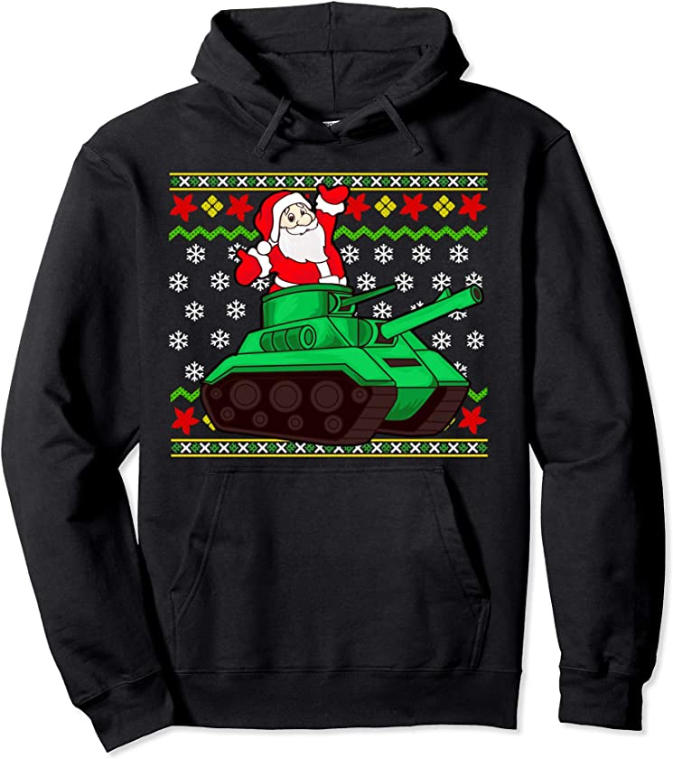 Ugly Christmas Pattern Santa Military Tank Gift Pullover Hoodie