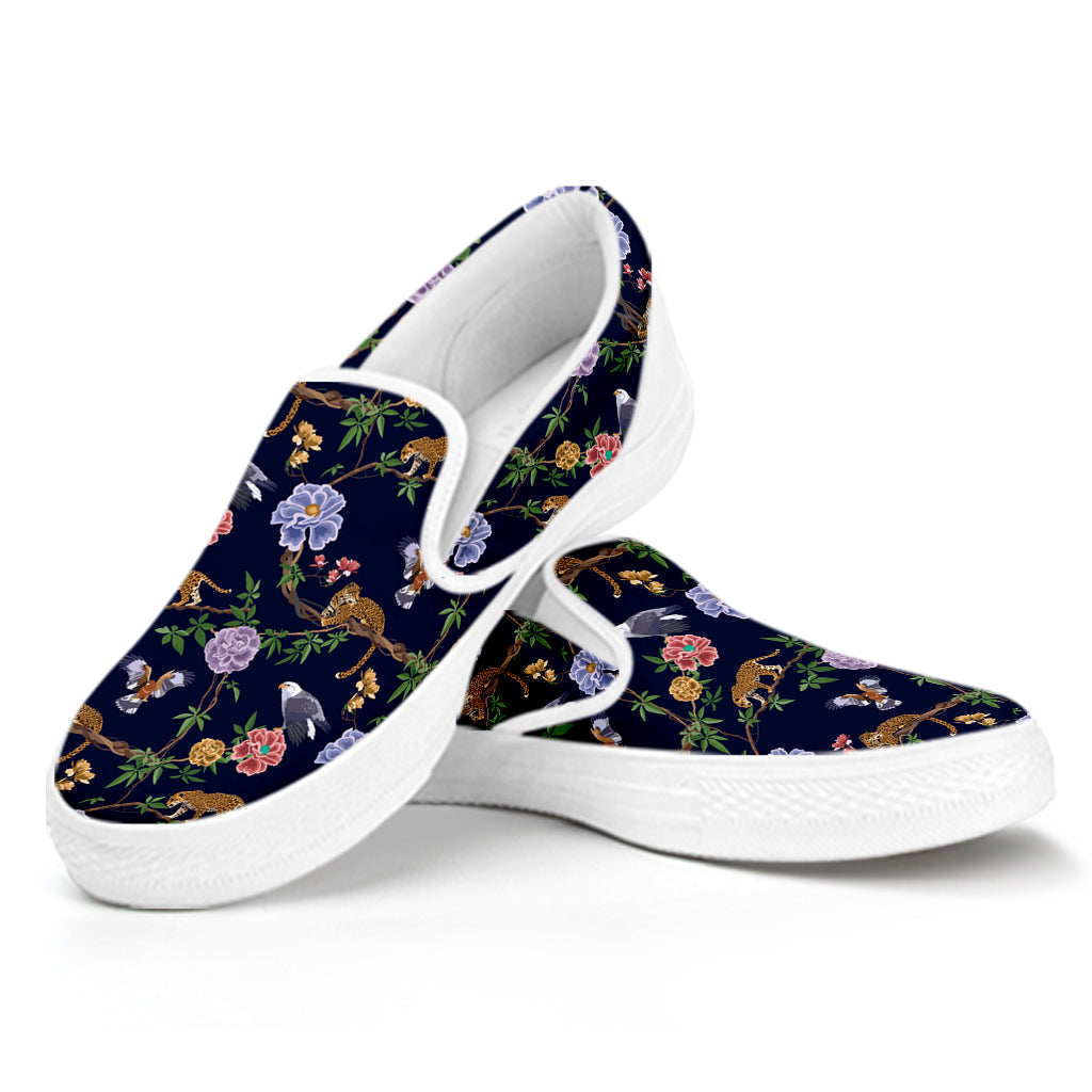 Eagle And Jaguar Pattern Print White Slip On Shoes