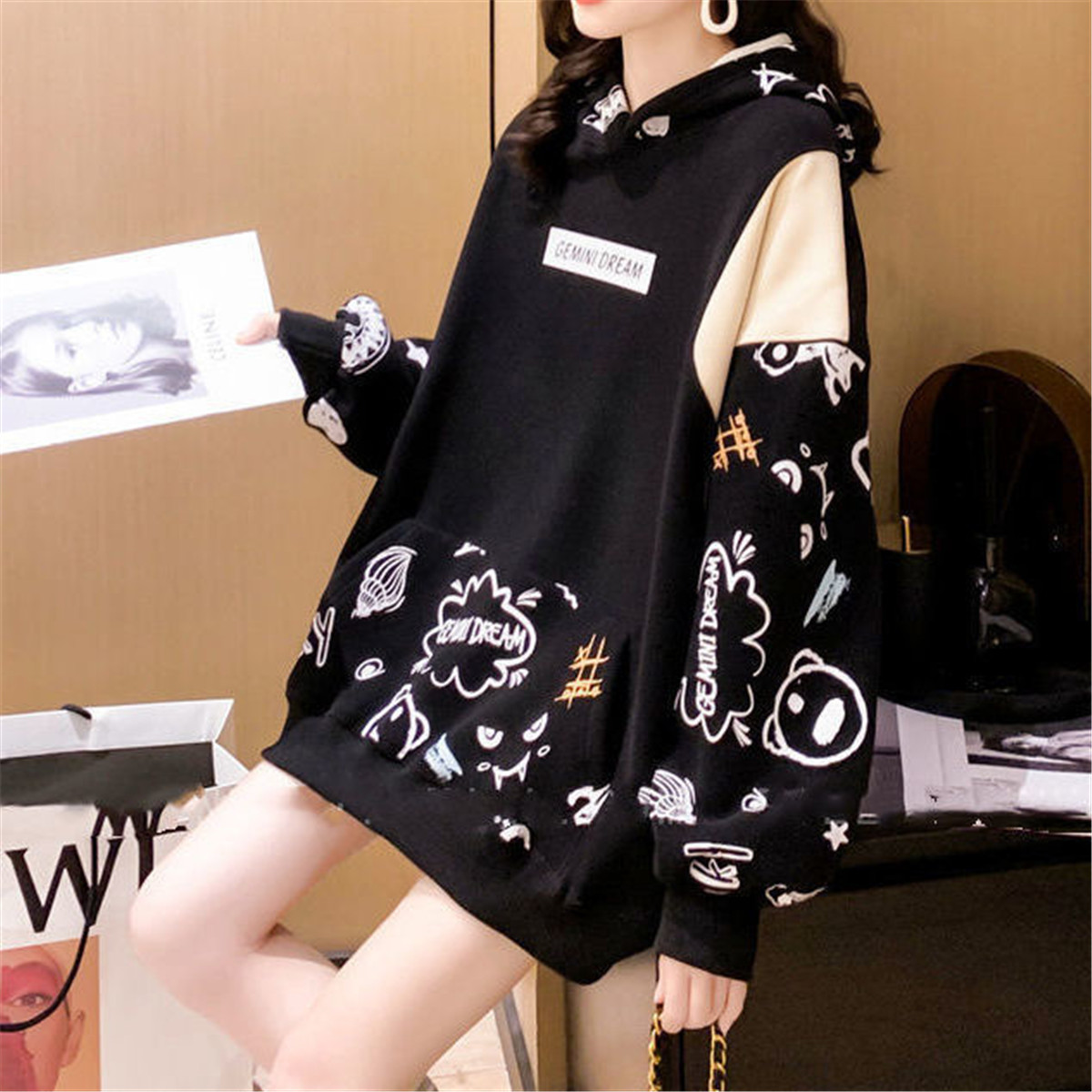 Black Ulzzang Hoodie Pink Autumn Oversized Harajuku Tops Funny Vintage Teens High Street Graffiti Clothes Gothic Tops Femme alx