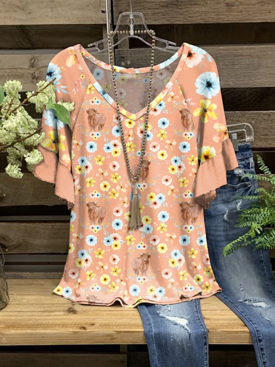 Women Orange Flowers And Cows V-Neck Top