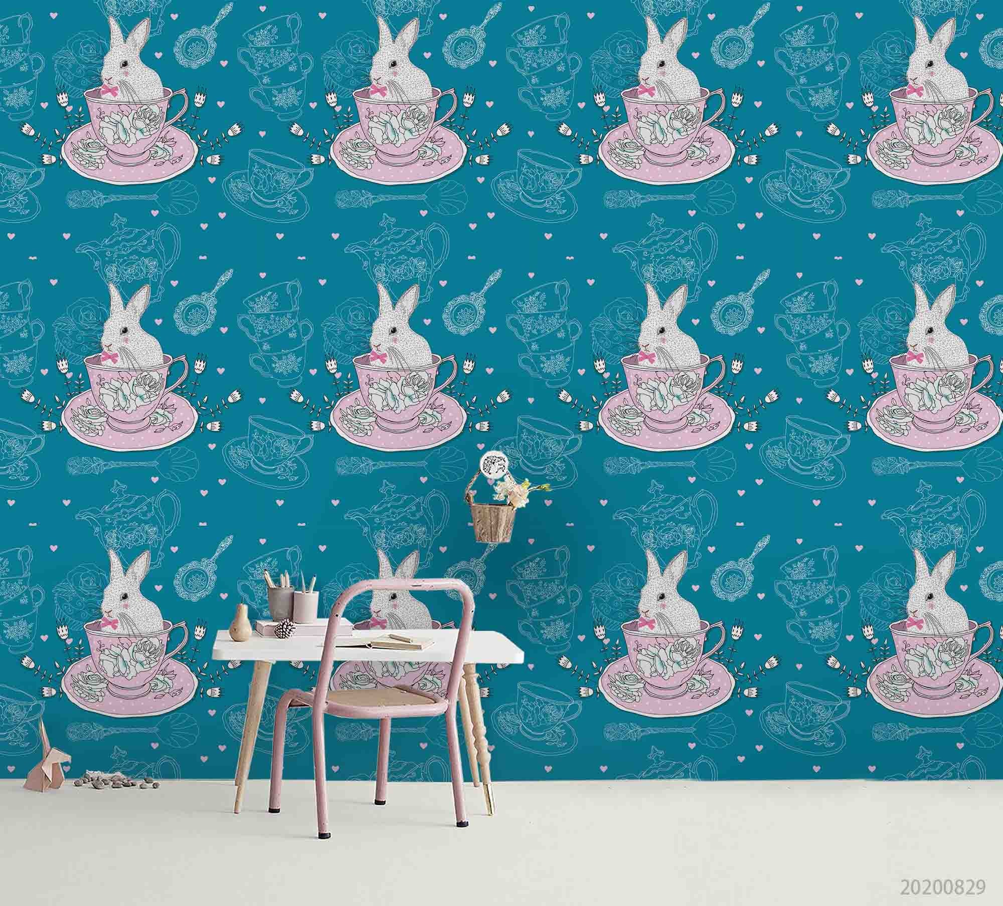 3D Vintage Floral Teapot Bunny Wall Mural Wallpaper Lxl 1578