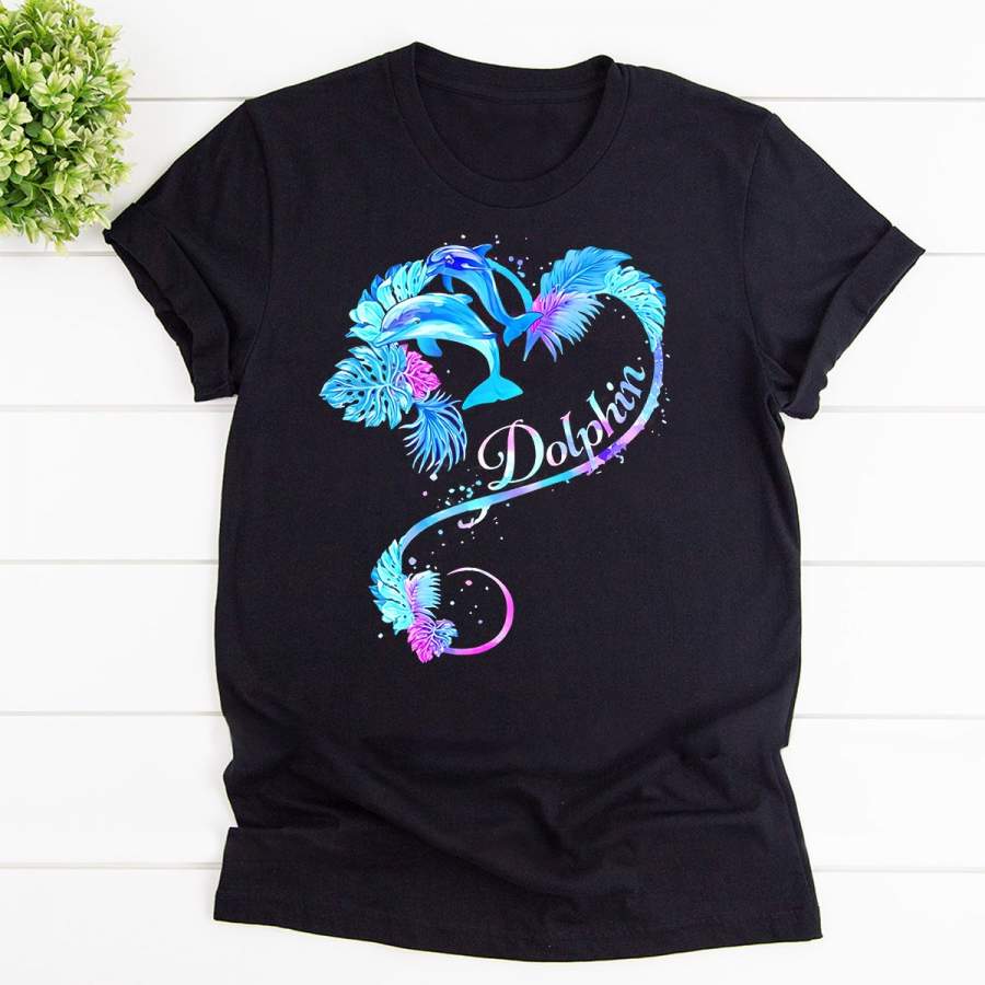 Cute dolphin love dolphin tropical leaves black cotton t shirt for men and women s-6xl