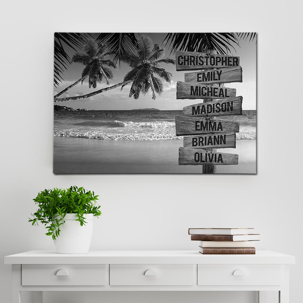 Tropical Beach Scenery Multi Names Premium Canvas – Family Street Sign Family Name Art Canvas For Home Decor Personalized Canvas Wall Art – Customized