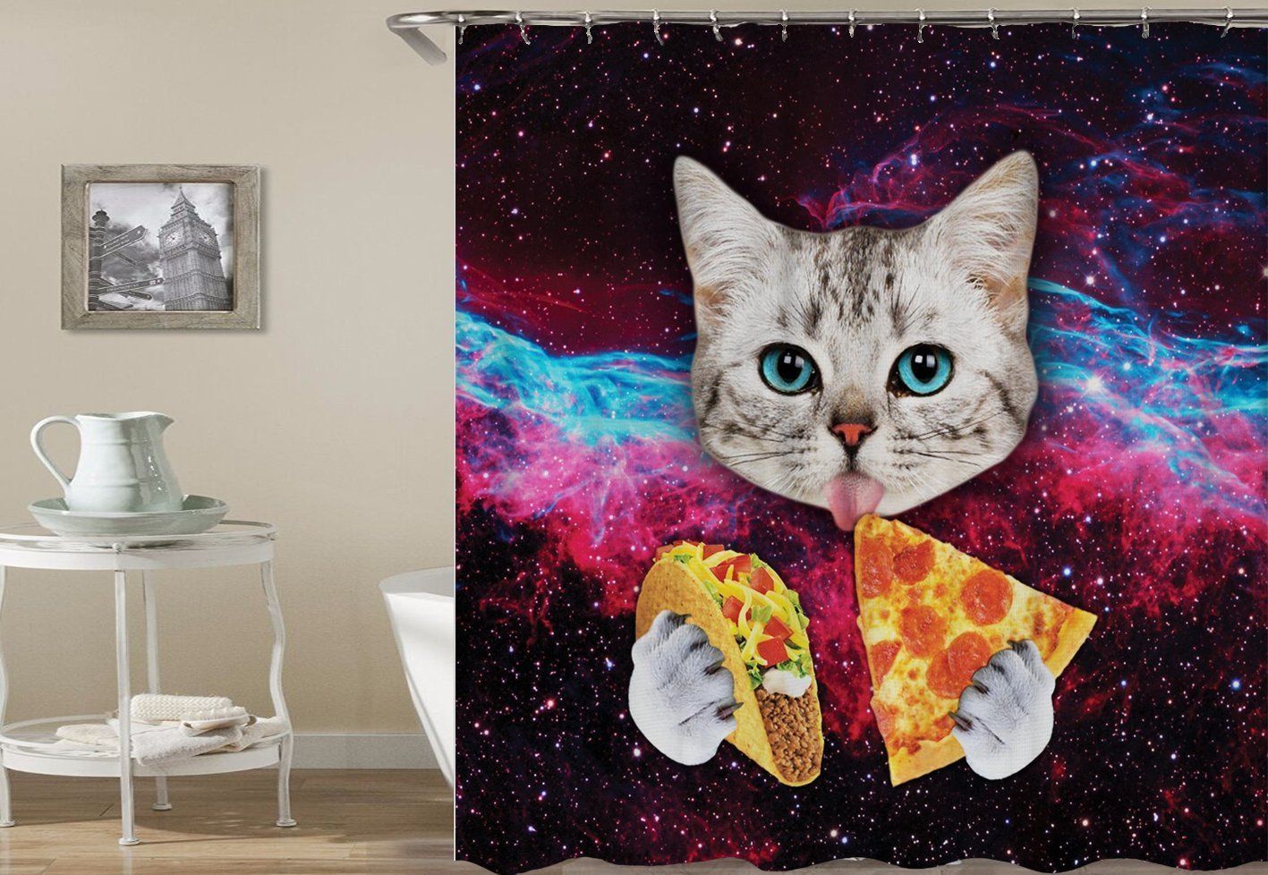 The Cute Cat Eating Pizza Graphic Design 3D Printed Shower Curtain Gift Home Decor