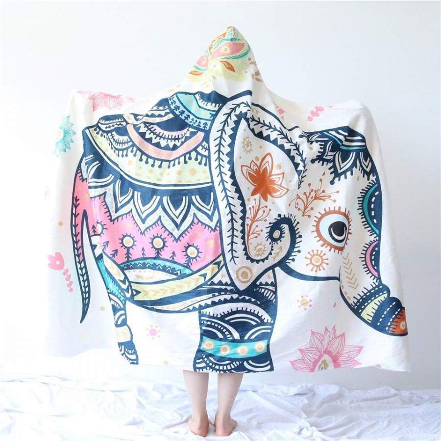 Rainbow Elephant Hooded Blanket for Adults Sherpa Fleece Mandala Flower Wearable Throw Blanket Hippie Christmas Gift Ideas