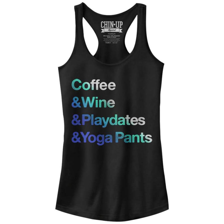 CHIN UP Junior’s Coffee Wine Playdates Yoga Pants  Racerback Tank Black