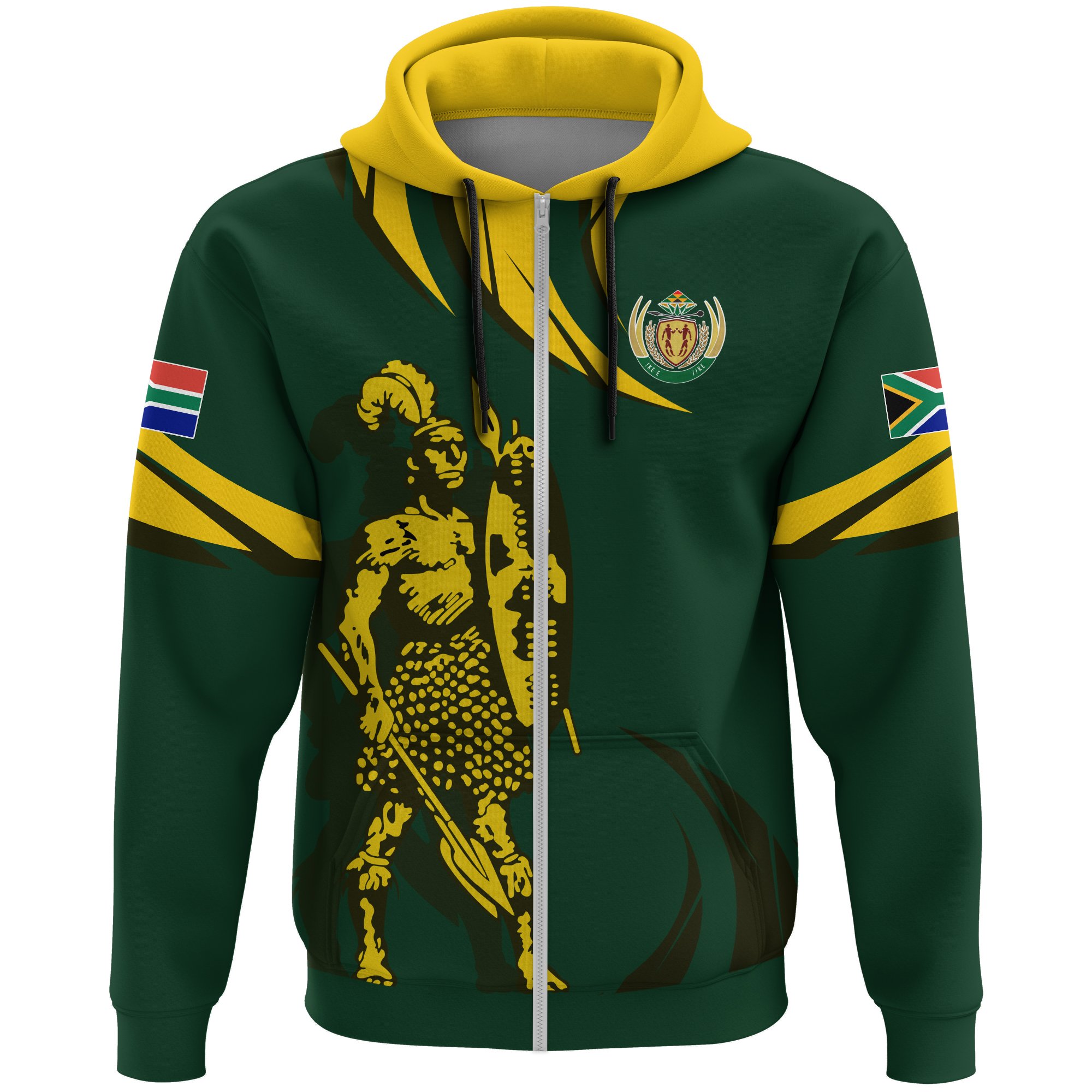 1stTheWorld South Africa Full Zip Hoodie – South African Shaka Zulu Green A10