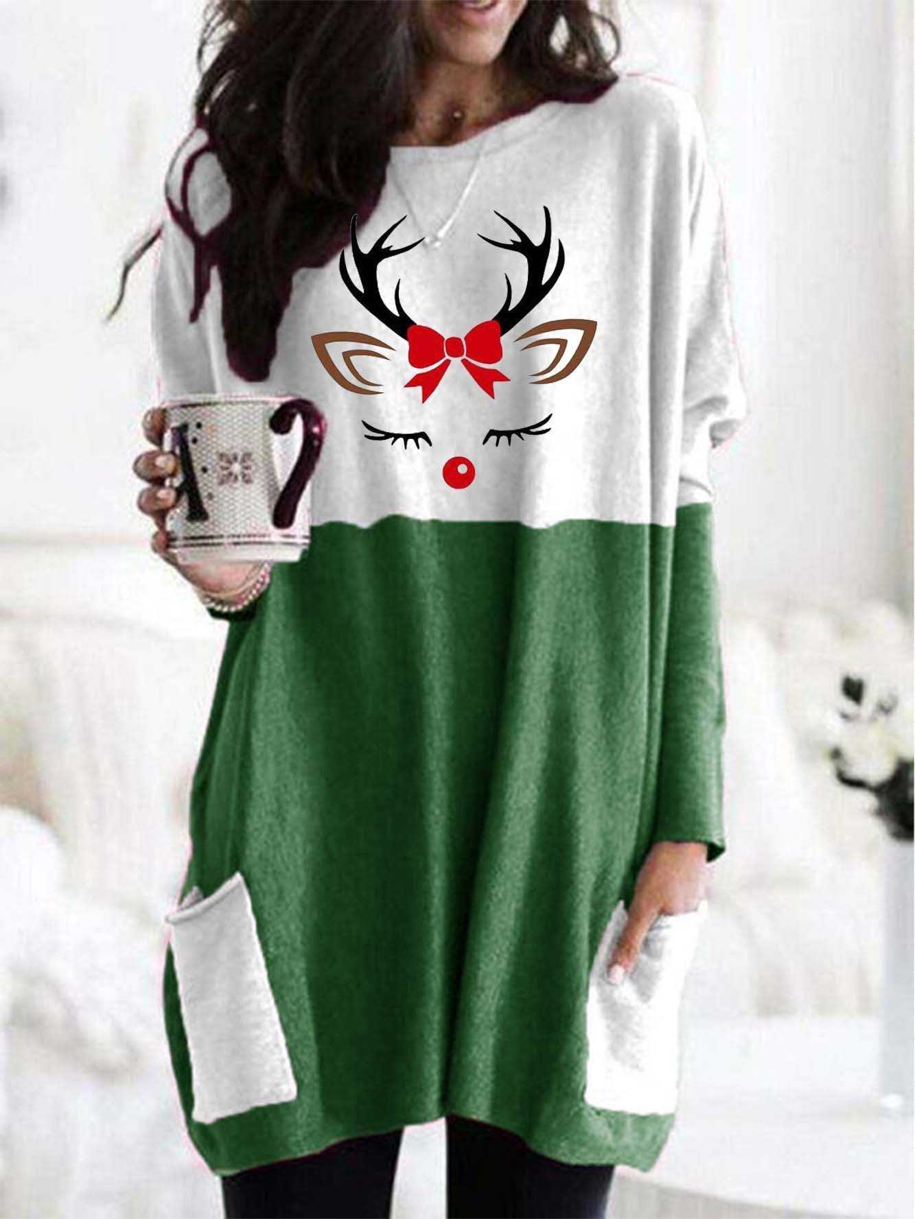 Women’S Sleepy Deer Faces Christmas Long Sleeve Longline Tunic T-Shirt