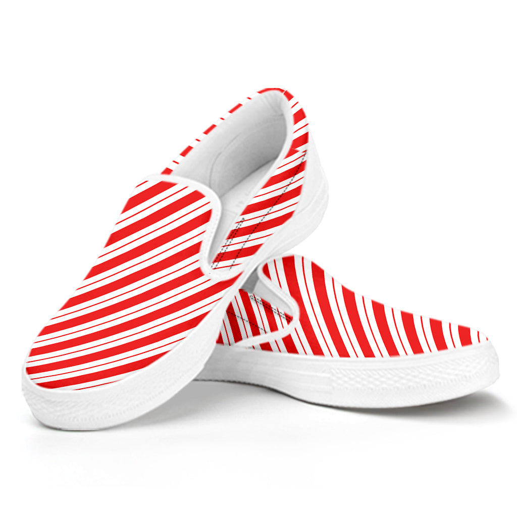 Red And White Candy Cane Stripes Print White Slip On Shoes