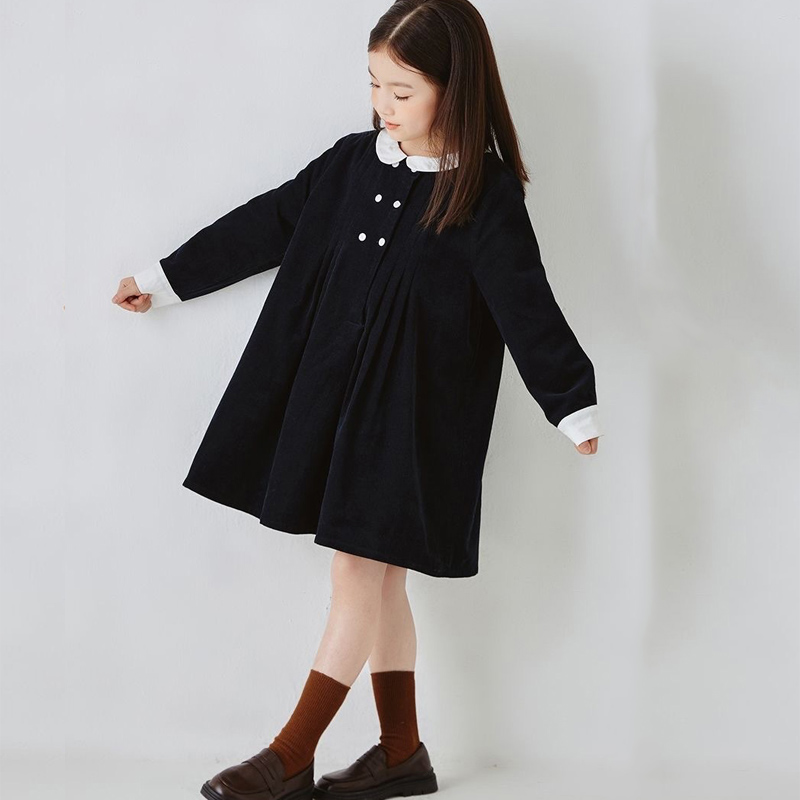 2023 New Fall Teen Girls Dresses Corduroy Autumn Winter Clothes Girl Elegant Cotton Child Dress Long Sleeve Navy Blue alx