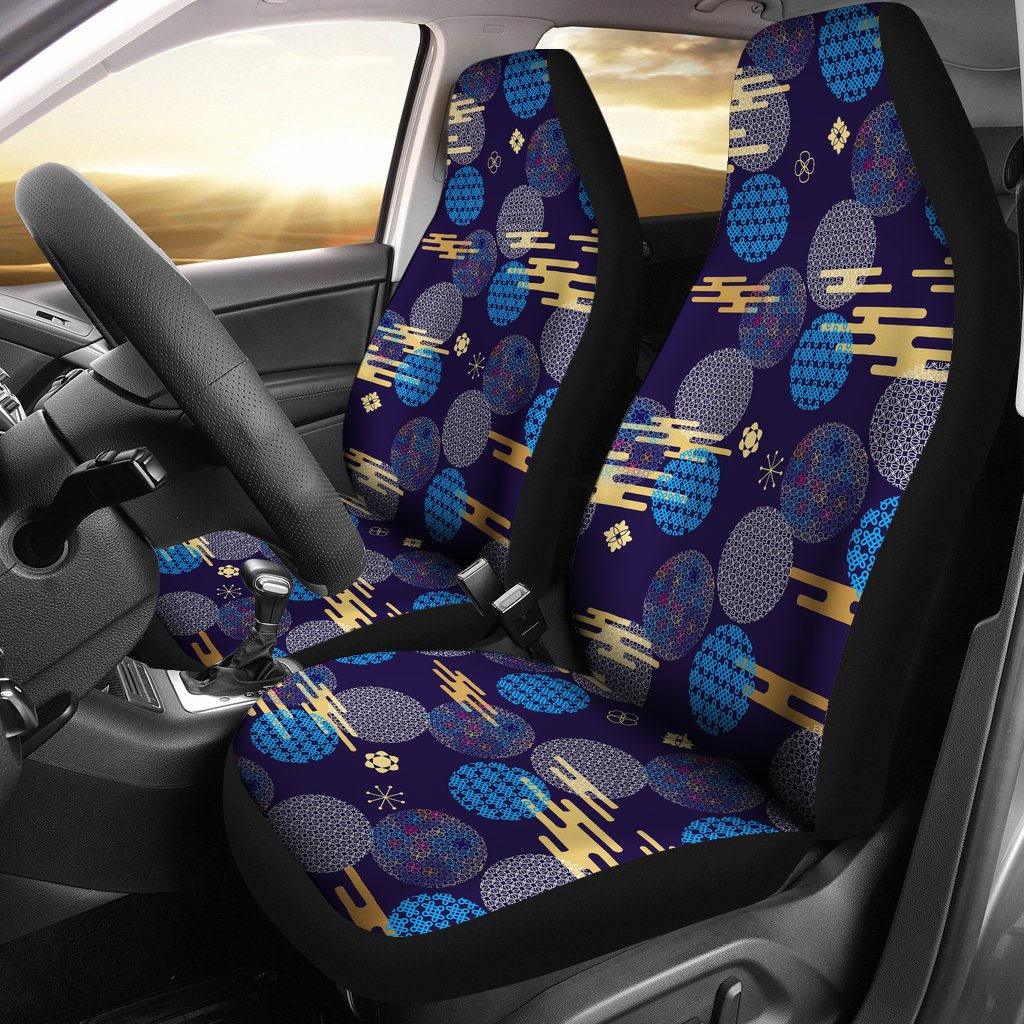 Blue Japanese Pattern Cloud Wave Flower Universal Fit Car Seat Covers