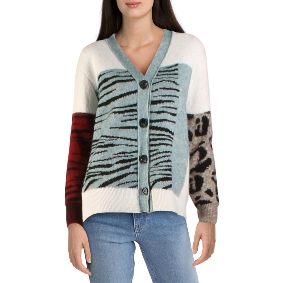 Womens Animal Print V-Neck Cardigan Sweater