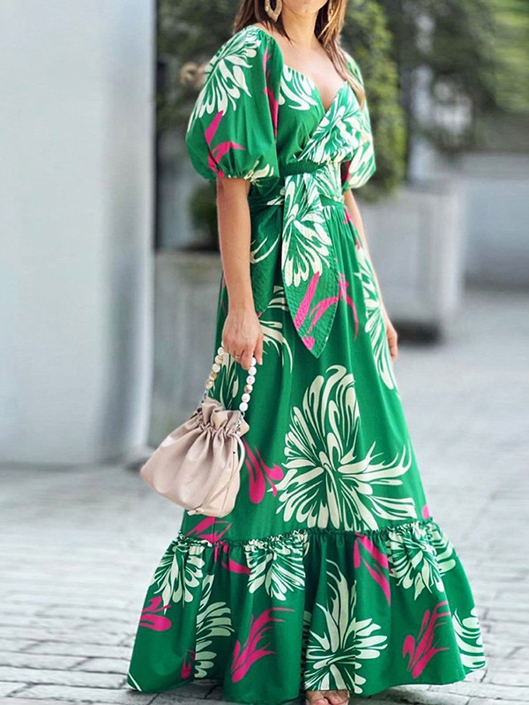 Spring Autumn Fashion Green Print Women’s Beach Boho Dress Sexy V-Neck High-Waisted Gown Elegant Puffed Sleeves Wide Maxi Dress alx