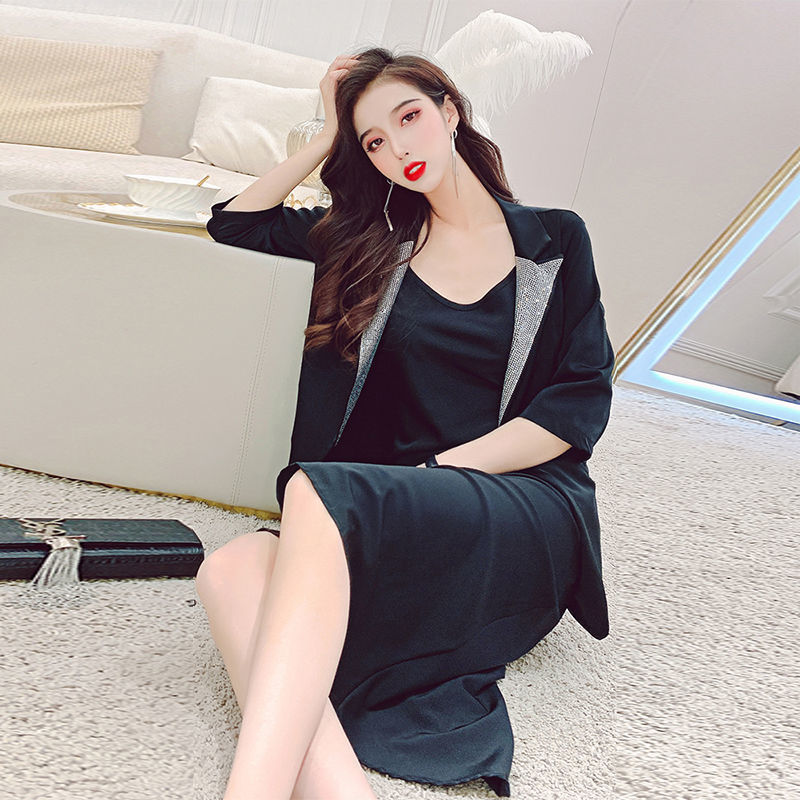 2021 Women Spring Summer Elegant Slim Sets Female Diamond Blazer + A-line Strap Dress 2 Piece Set Ladies Casual Solid Suit F615 alx