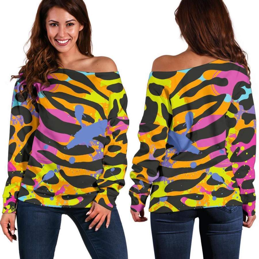 Colorful Zebra Leopard Pattern Print Off Shoulder Sweatshirt