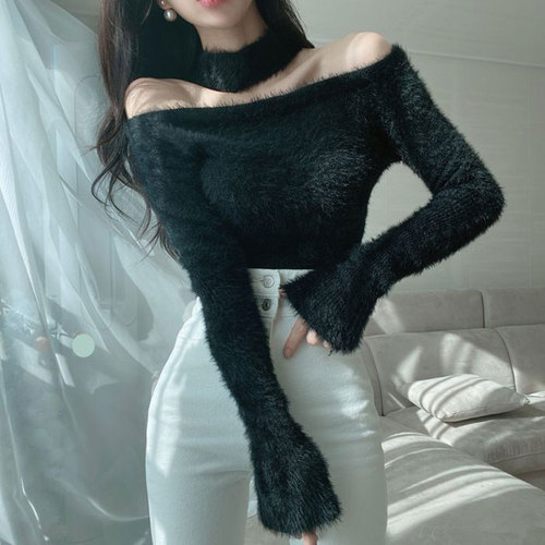 2022 Autumn for Women Crop Tops Korean Style Hotsweet Mink Cashmere Sweater Tight-fitting Long-sleeved Slim Halter Neck Sweater alx