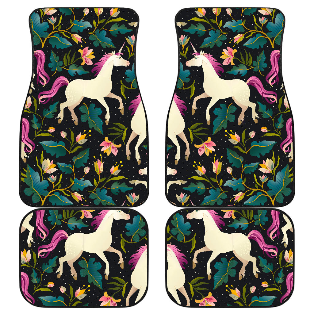 Night Floral Unicorn Pattern Print Front And Back Car Floor Mats, Front Car Mat