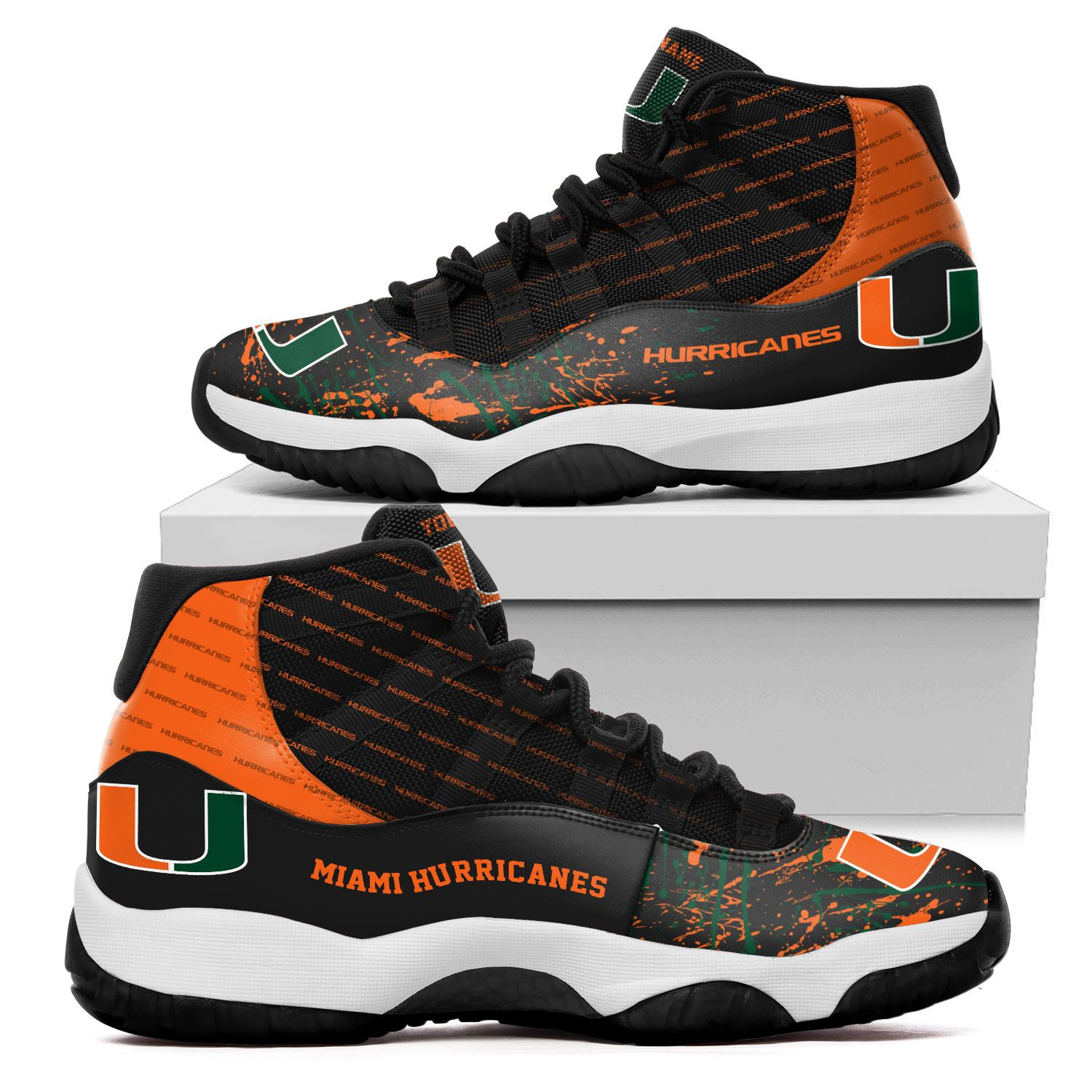 Custom Name Miami Hurricanes Air Jd 11 Sneakers Shoes 148 For Football Fans University Of Miami